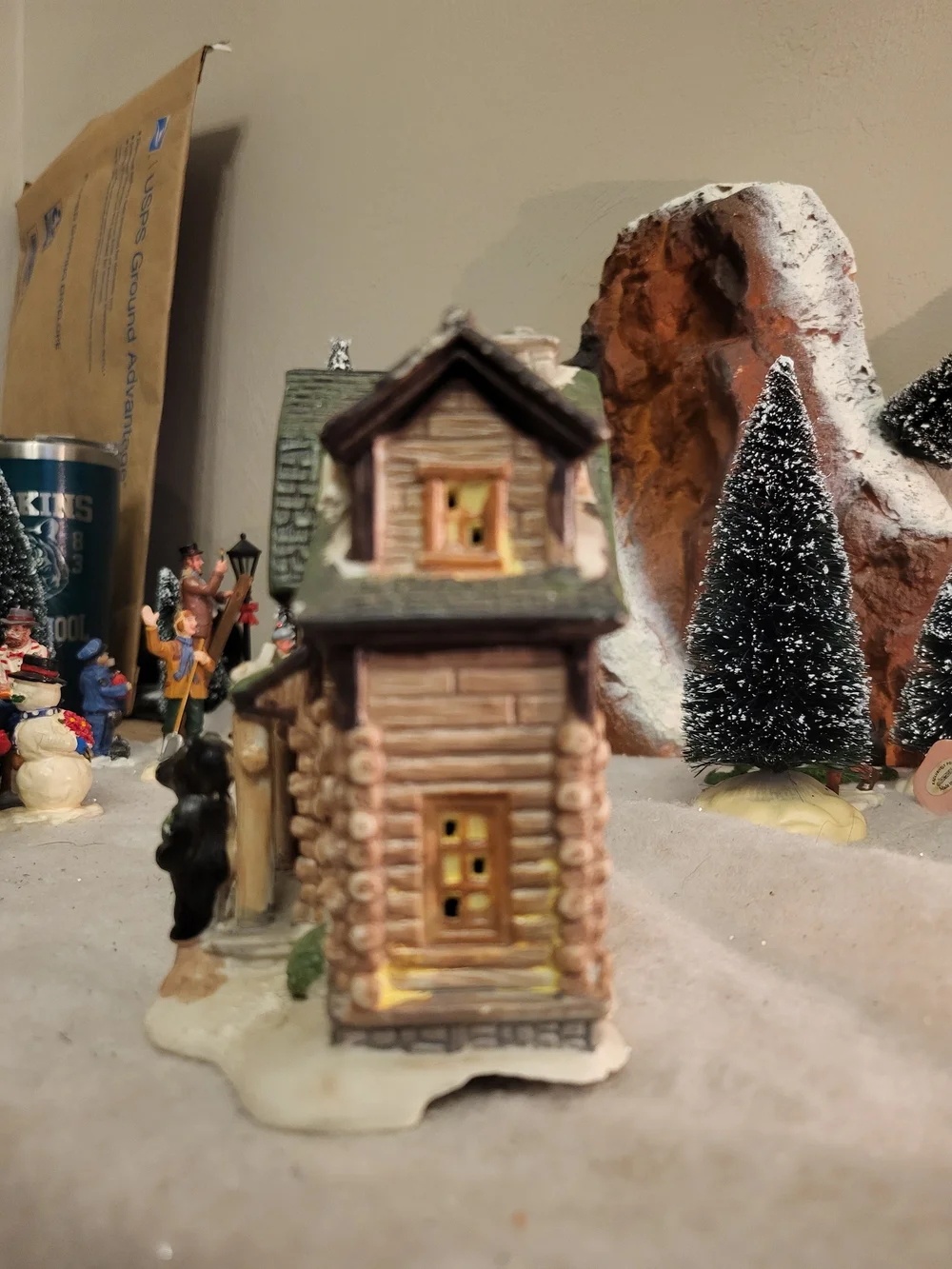 Holiday Time Christmas Village Wood Carving Workshop Log Cabin Bear